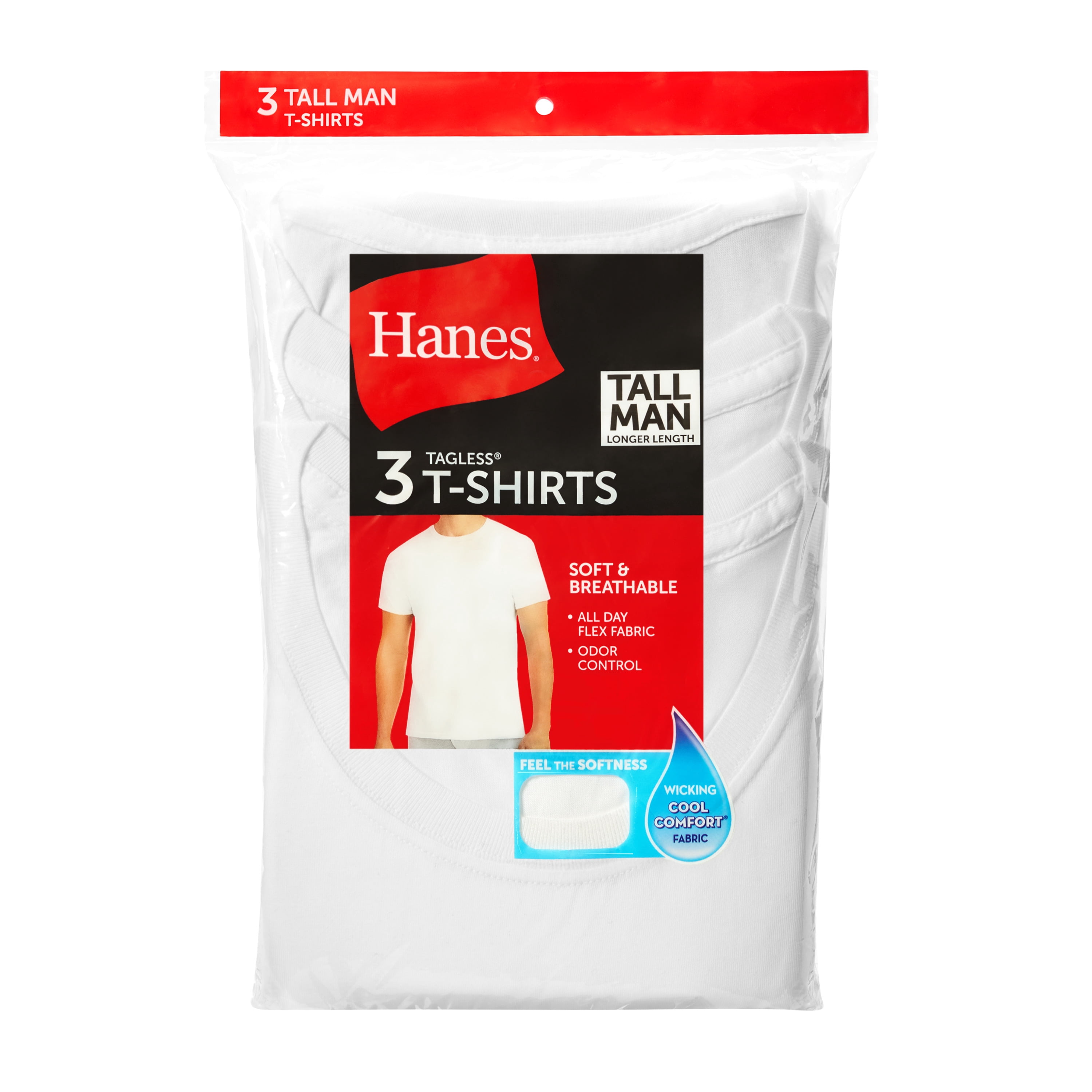 Hanes Tall Man Cotton Undershirt, Longer Length, Crewneck, White, 3-Pack (Big & Tall Sizes)