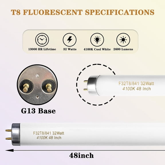 F32T8/841 32W 48 Inch T8 Fluorescent Tube Light Bulb, T8 Fluorescent Bulbs 4 Foot, 4ft Light Bulb, 4100K Cool White, 2850 Lumens, G13 Medium Bi-Pin Base,10 Pack