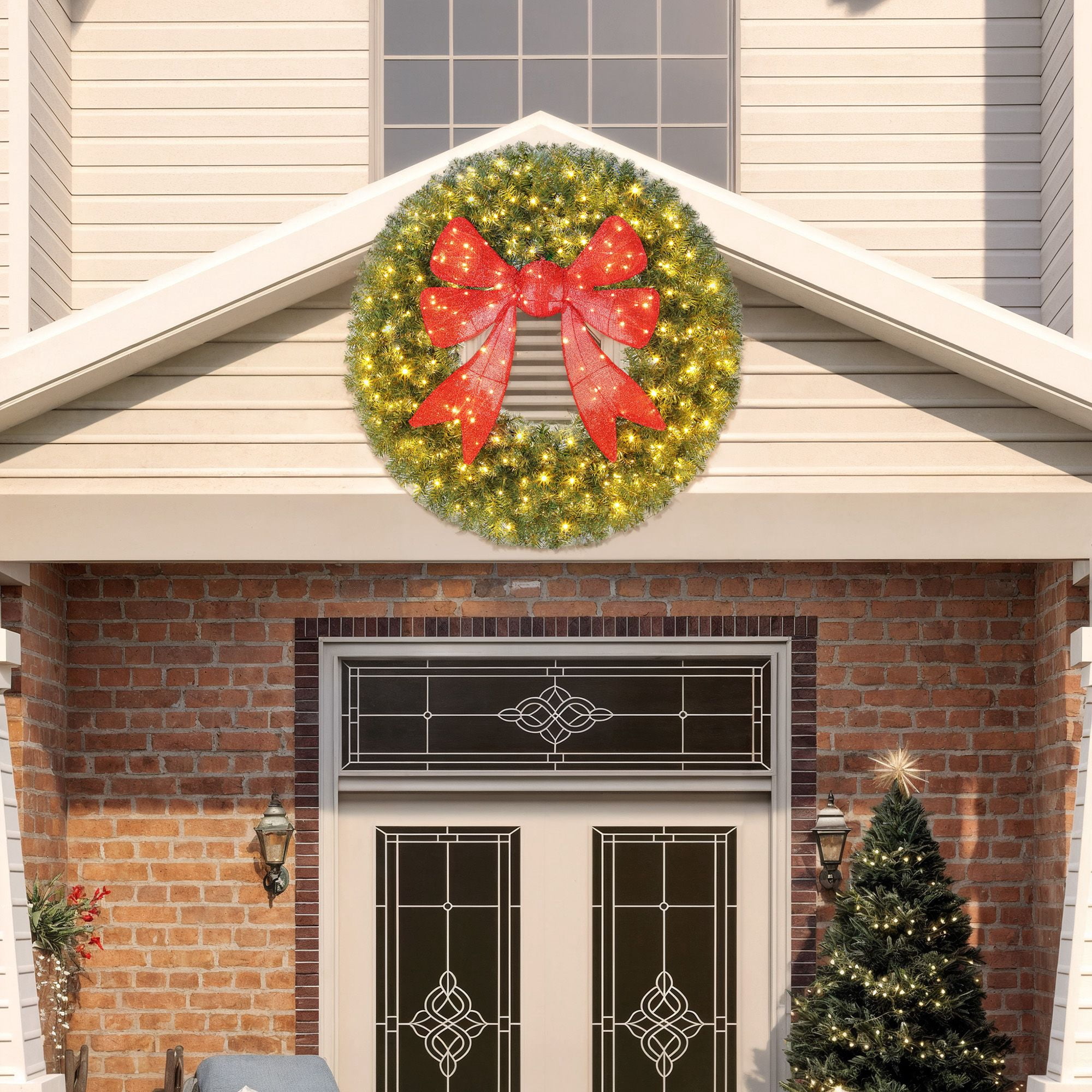 Pre-Lit Christmas Wreath, 60-Inch Front Door Wreath with 3D Bow, 300 LED Lights, 11 Lighting Modes, Remote Control, Indoor Outdoor Holiday Decoration