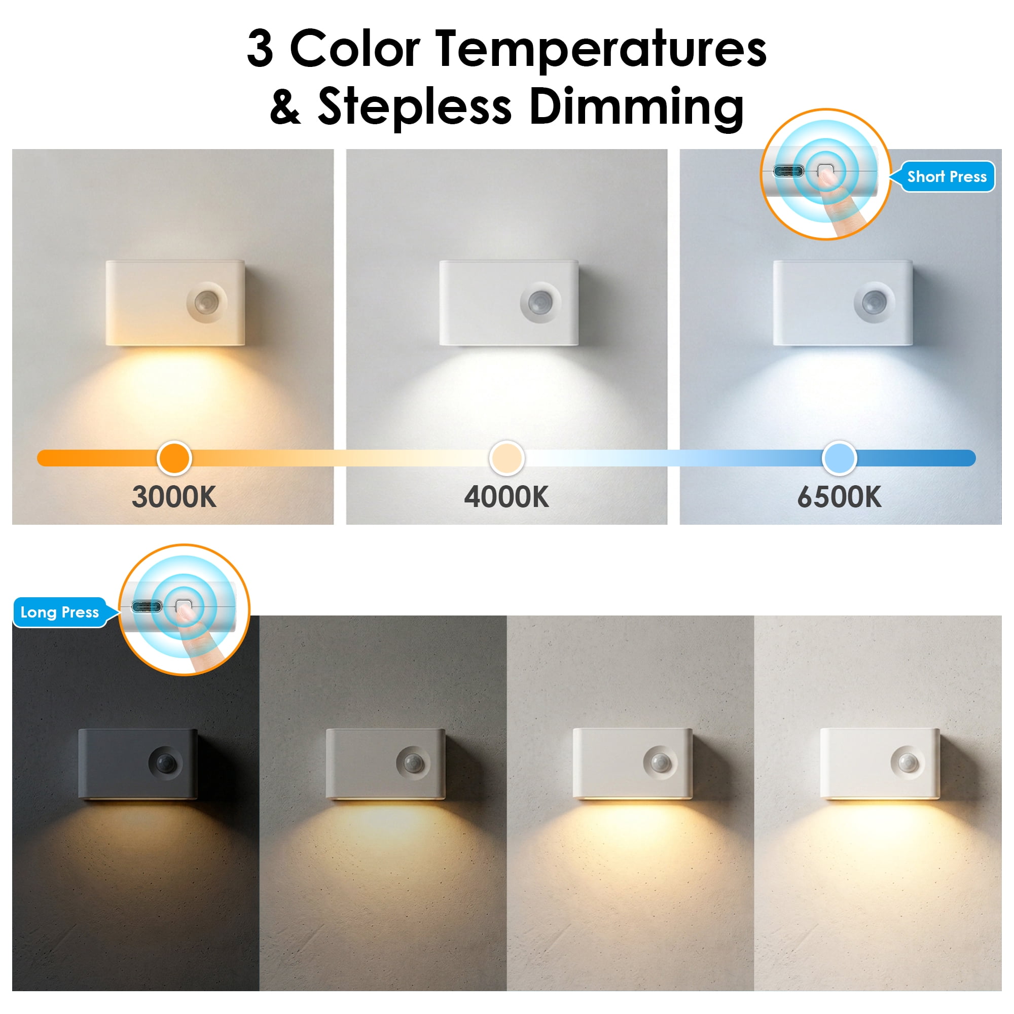 GUPUP Stair Lights Indoor, Dimmable, Rechargeable Motion Sensor LED Night Light with 3 Color Modes for Hallway, Bathroom & Living Room, 6 Pack