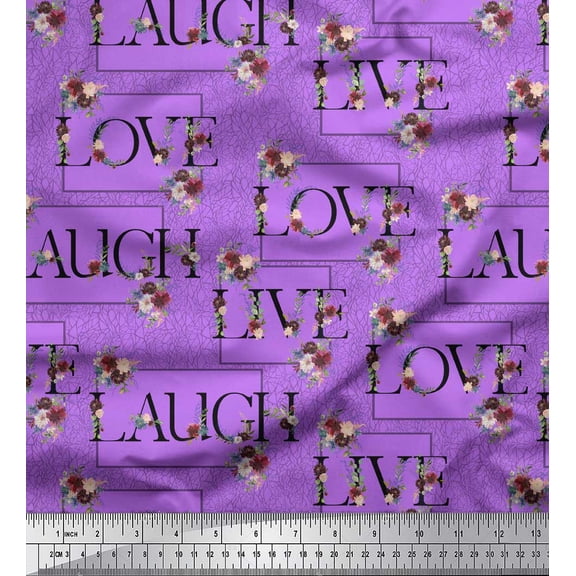 Soimoi Purple Velvet Fabric Floral Love Text Decor Fabric Printed Yard 60 Inch Wide