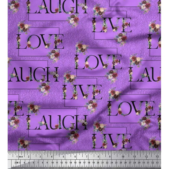 Soimoi Purple Heavy Satin Fabric Floral Love Text Print Fabric by Yard 56 Inch Wide