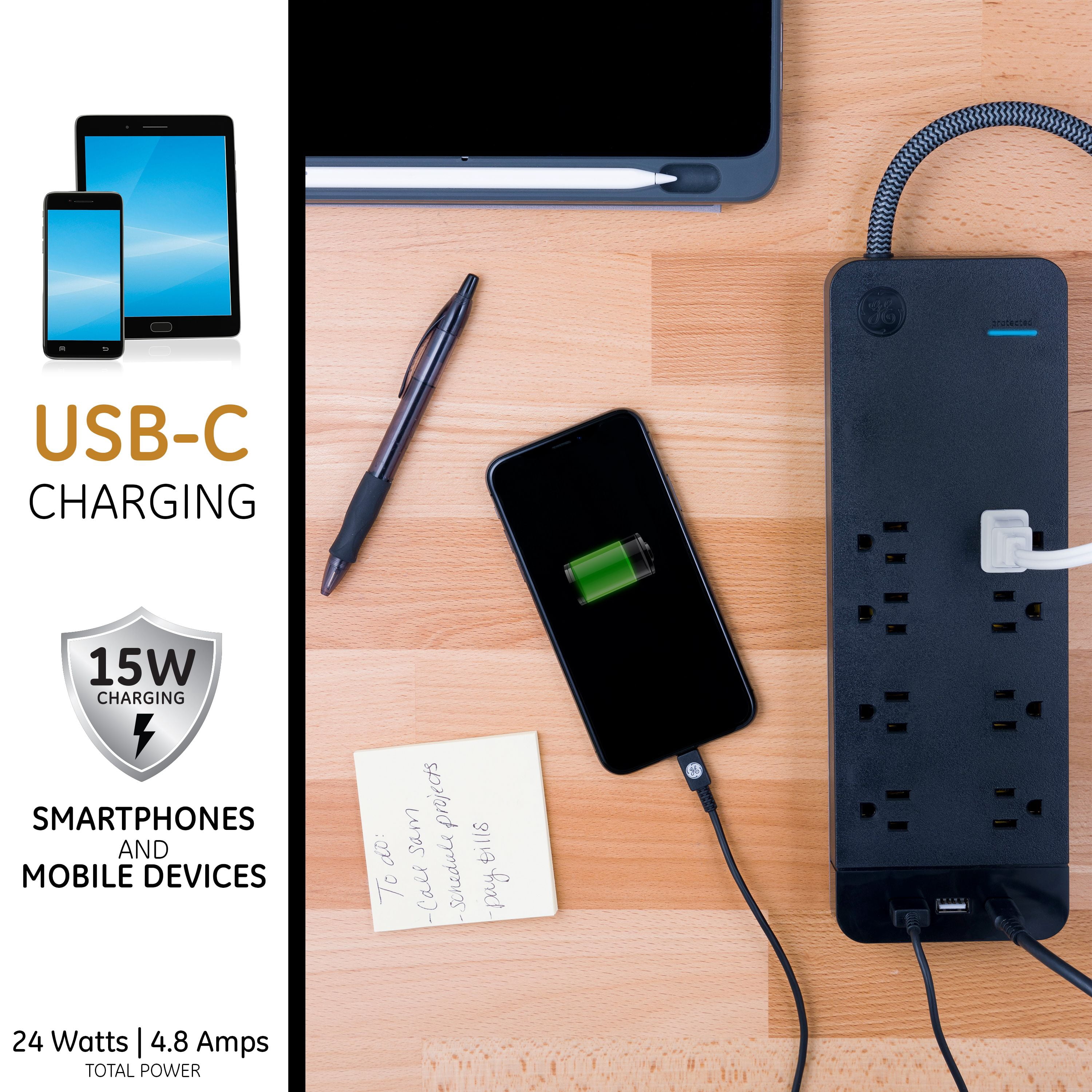 GE 8 Outlet, 2 USB-A, 1 USB C Surge Protector with 6 ft. Designer Braided Extension Cord, Black