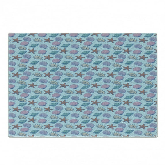 Shells Cutting Board, Crustaceans Concept of Sketched and Hatched Drawn Form on Aquatic Tone Wavy Pattern, Decorative Tempered Glass Cutting and Serving Board, Small Size, Multicolor, by Ambesonne