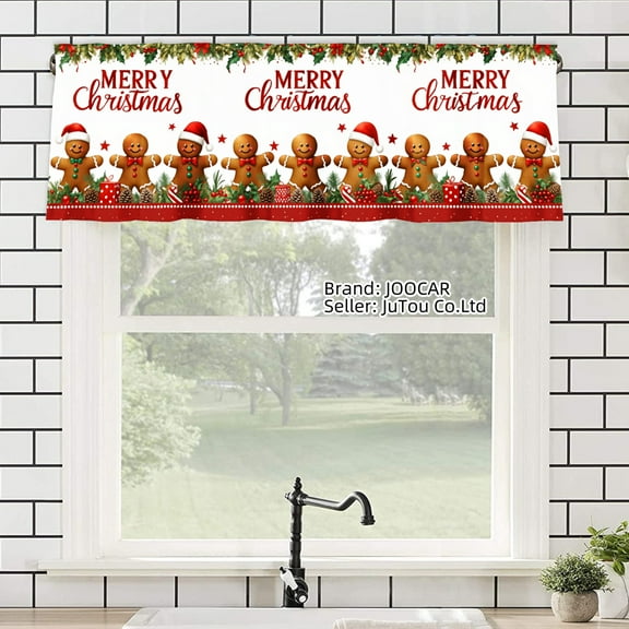 JOOCAR Road Pocket Polyester Window Valance Curtain Merry Christmas Gingerbread Men Design for Indoor Living Room Bedroom Kitchen Decoration 54x18 inch