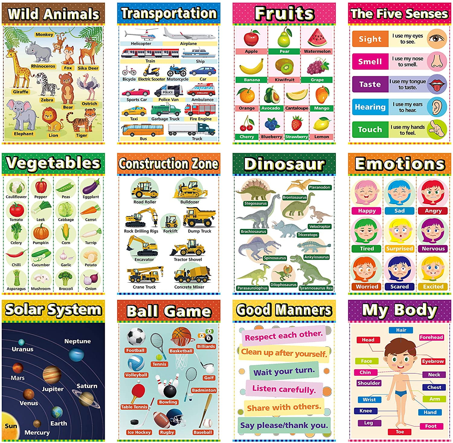 Educational Wall Posters Learning Picture Kids Toddlers Color Season Weather 