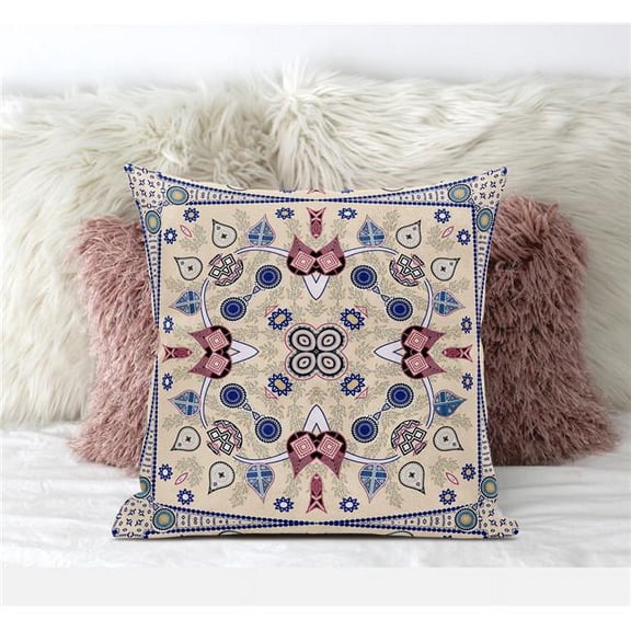 Paisley Leaf Geo Throw Pillow with Removable Cover in Beige Indigo Red 20x20