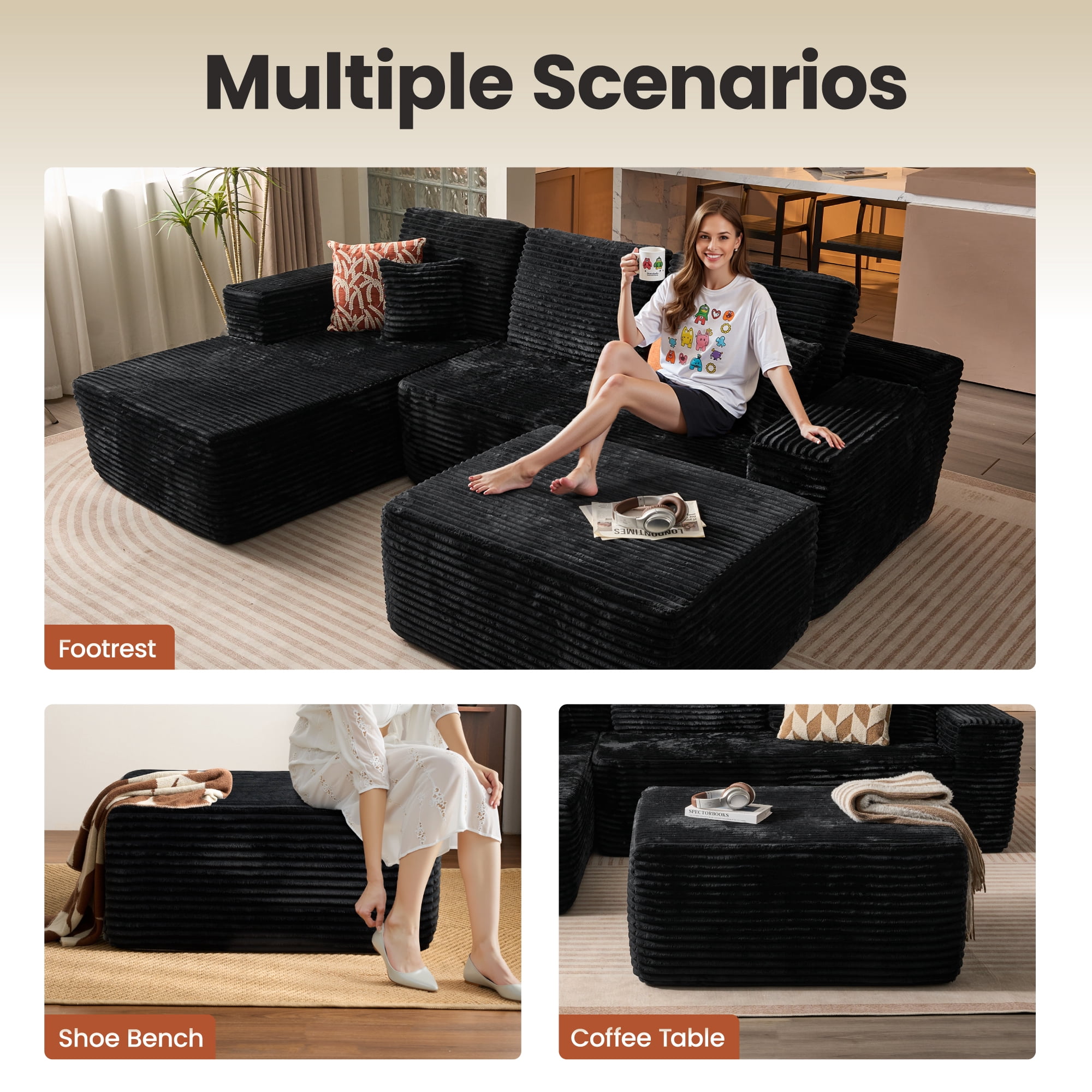 Ovios Oversized Ottoman Footrest for Sofa Large Plush Corduroy Pouf Ottoman Coffee Table Rectangle Floor Bench Extra Seating for Living Room, No Assembly, Black
