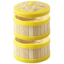 CRILSTYLEO Bamboo Steamer Basket Plastic Lid Kitchen Accessory 1 Set 2 Steamers 1 Lid 6.3Inch 8.7Inch