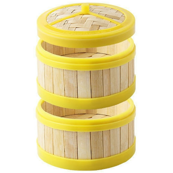 CRILSTYLEO Bamboo Steamer Basket Plastic Lid Kitchen Accessory 1 Set 2 Steamers 1 Lid 6.3Inch 8.7Inch
