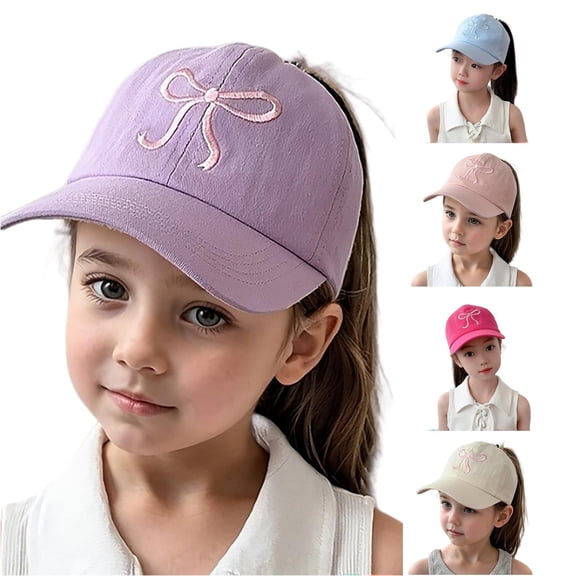 Krdevn Girls Ponytail Baseball Cap Bow Embroidery Adjustable Back Strap Lightweight Breathable Summer UV Sun Visor Hat for Toddler Kids Girls Outdoor Sports Daily Casual Wear