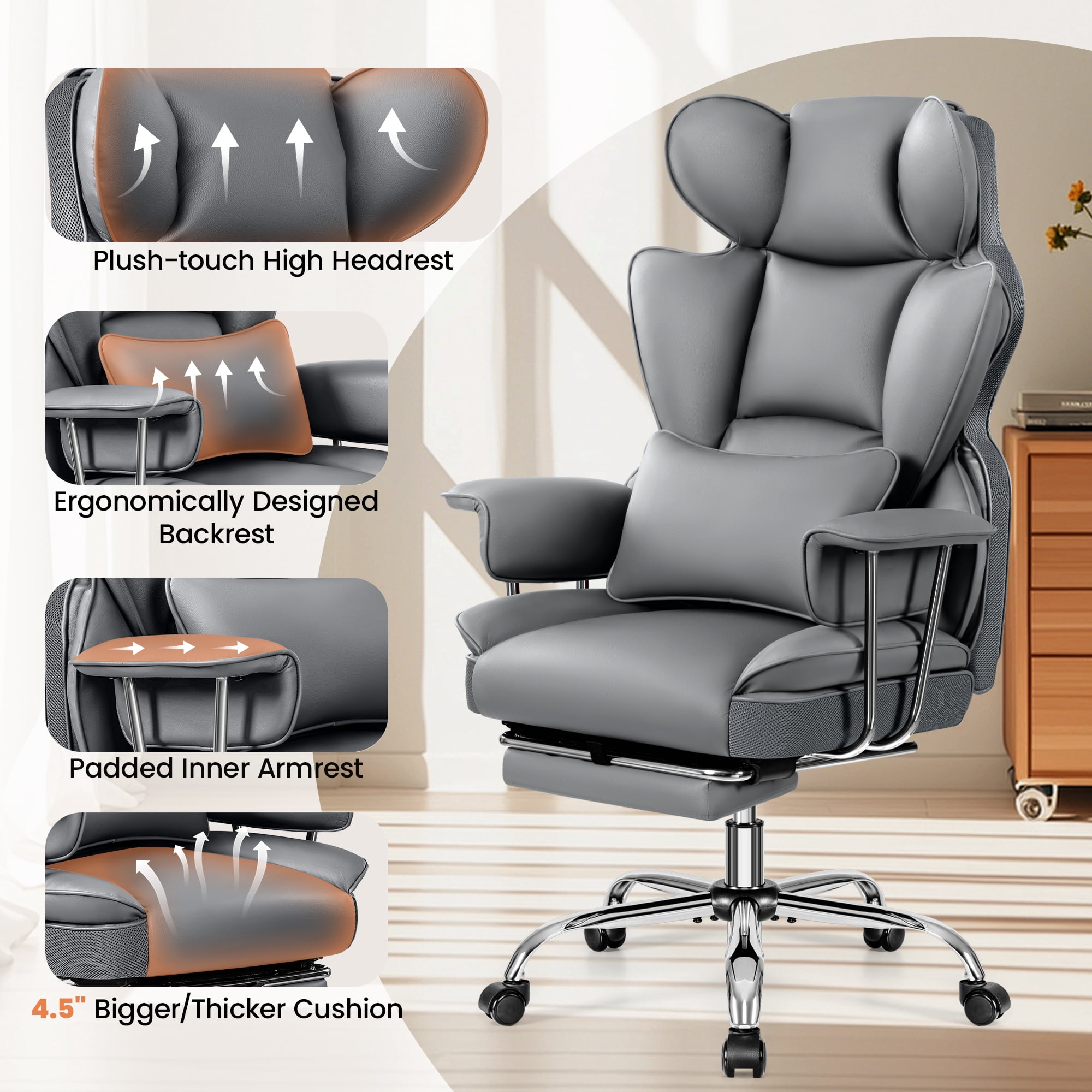 Primy High Back Office Chair, Big and Tall PU Leather Executive Chair with Footrest – Ergonomic Reclining Computer Desk Chair, High-Density Foam, Heavy Duty Swivel Rolling Chair, Gray