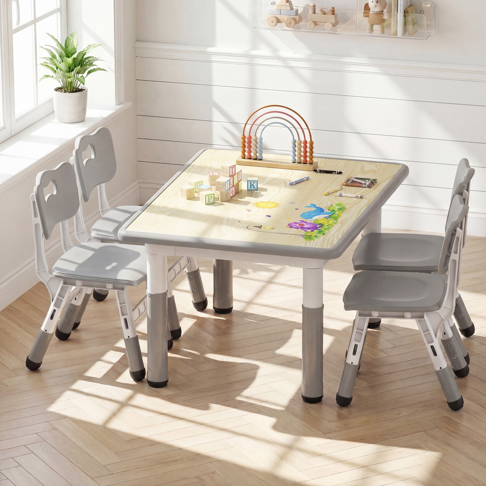 LINLUX Kids Table and 4 Chairs Set, Height Adjustable Table & Chairs, Spacious Activity Table for Toddlers, Gray