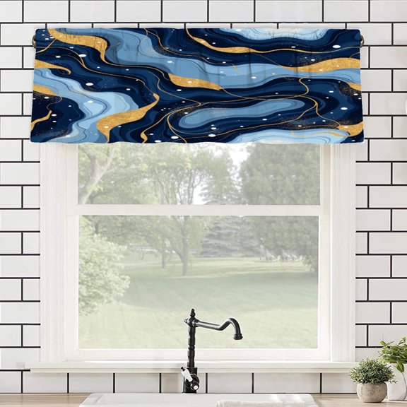 Remain Unique Abstract Navy Blue Gold Marble Pattern Polyester Rod Pocket Curtain Valance for Home Bedroom Living Room Kitchen Window Decor 54x18 inch