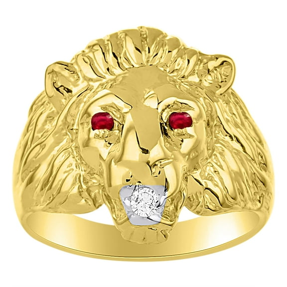 Lion Head Ring set with Genuine Diamond in mouth & Natural Rubies in eyes Yellow Gold Plated over Silver .925