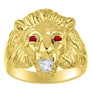 RYLOS Lion Head Ring set with Genuine Diamond in mouth & Natural Rubies in eyes Yellow Gold Plated over Silver .925