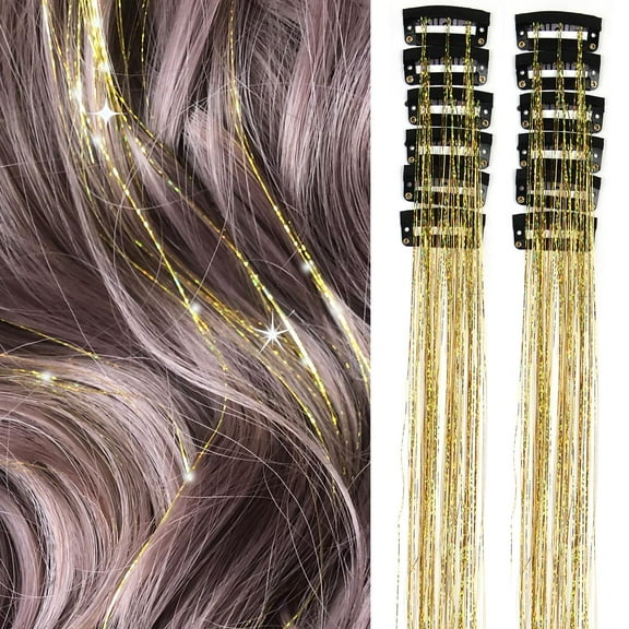 Golden Clip in Hair Tinsel Extensions Pack of 12 Pcs 24 Inch Glitter Heat Resistant Party Dazzle Fairy Hair Accessories Strands Kit(Golden, 24Inch 12Pcs)