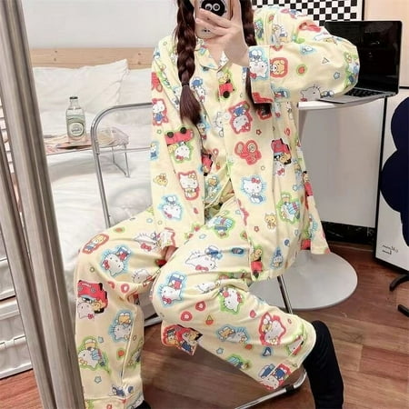 

Sanrio Hello Kitty Pajamas Pants Kawaii Pijama Y2K Pyjama Pink Fluffy Suit Long-Sleeved Trousers Onesize Cardigan Outfit Women