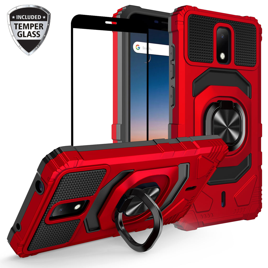Nokia C100 Case w/Tempered Glass Screen Protector Ring Car Mount Kickstand Hybrid Hard Shockproof Phone Case - Red