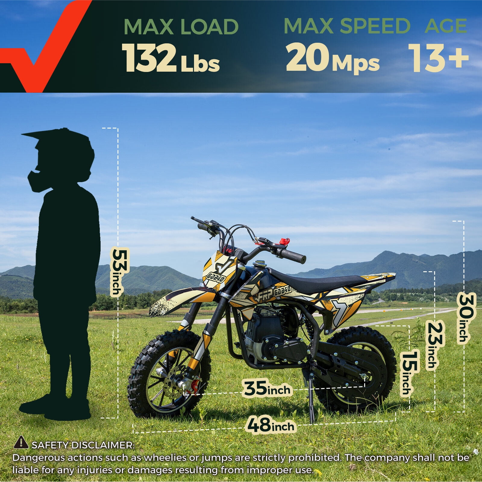 FRP FX40 40cc 4-Stroke Gas Powered Dirt Bike with Training Wheels, Safety Kill Switch, Max Speed 20 MPH, Front & Rear Disc Brakes, Stability Enhancement, EPA Certified - Yellow