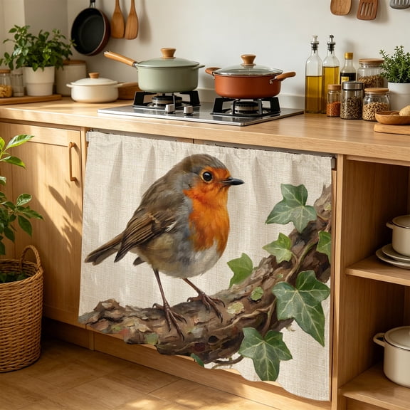 Bird Cabinet Curtains for Kitchen 35"W x 35"L, Ivy Branch Animal Nature Rustic Linen Laundry Sink Cabinets Magic Tape Short Curtain Privacy Panel for Bathroom Vanity Cabinets