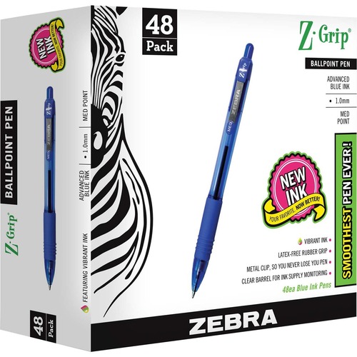 Zebra Pen Z-Grip Retractable Ballpoint Pens - Medium Pen Point - 1 mm Pen Point Size - Retractable - Blue - Clear Plastic Barrel - 48 / Pack | Bundle of 5 Packs