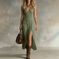 thumbnail image 2 of SAWOBUUN Womens Summer Cotton Maxi Dress Sleeveless V Neck High Waist Button Down Long Dress Side Slit for Beach Vacation, 2 of 9