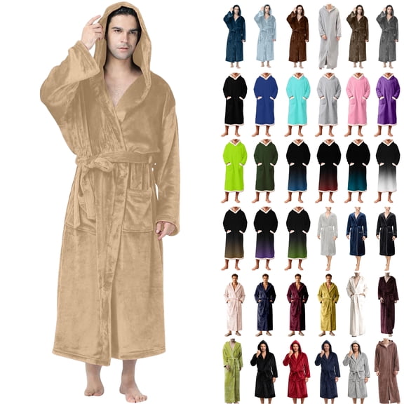 lcziwo Men's Casual Flannel Bath Robe Plush Fluffy Hooded Bathrobe Shawl Collar Long Sleeve Comfy Terry Cloth with Pockets Khaki,L