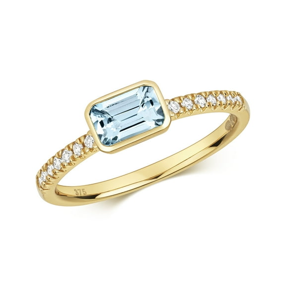 9k Gold Women Diamond Solitaire Ring Brilliant Cut 0.10 Carat with Aquamarine