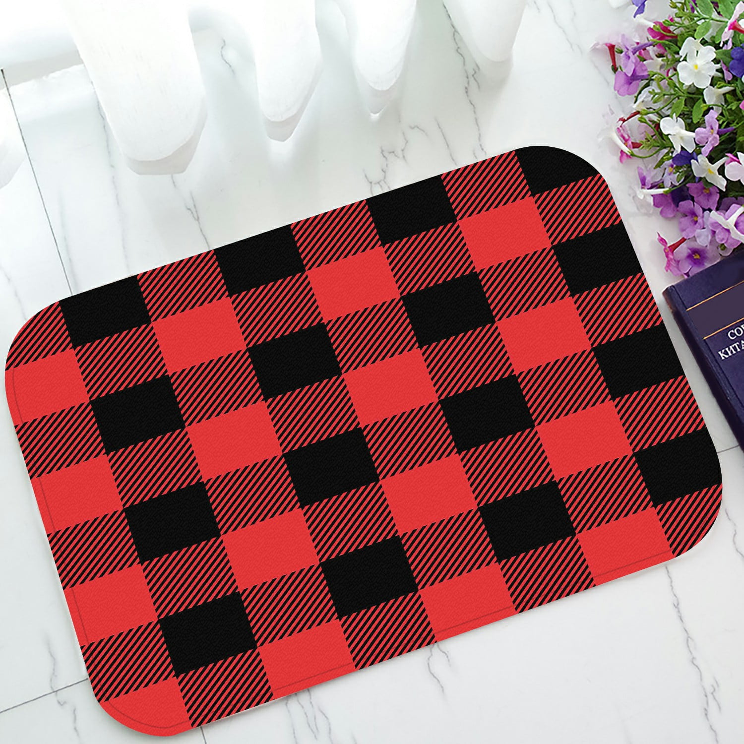 ABPHQTO Red And Black Tartan Plaid Checkered Pattern Doormat Entrance