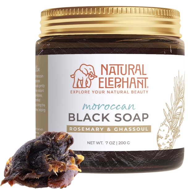 Jabón negro marroquí de elefante natural, 7 oz, jabón tradicional Hammam Beldi natural para exfoliar y limpiar (aceite esencial de romero y arcilla Ghassoul 200 g (7 oz))