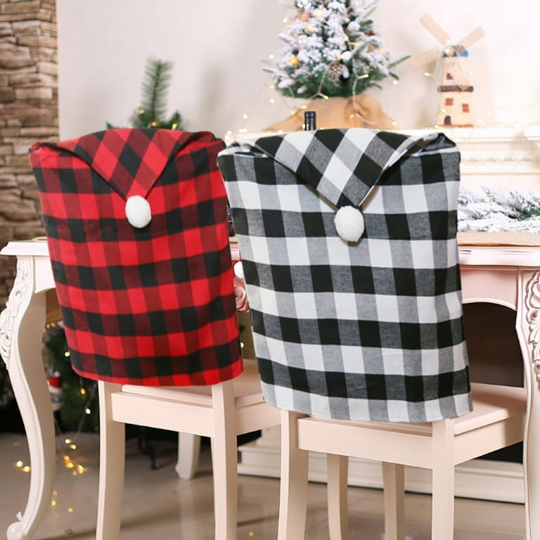 Christmas Chair Back Cover Christmas Chair Slipcovers Hat Buffalo Plaid Chair Back Covers Christmas Dining Chair Protector Elastic Gingham Chair Cover