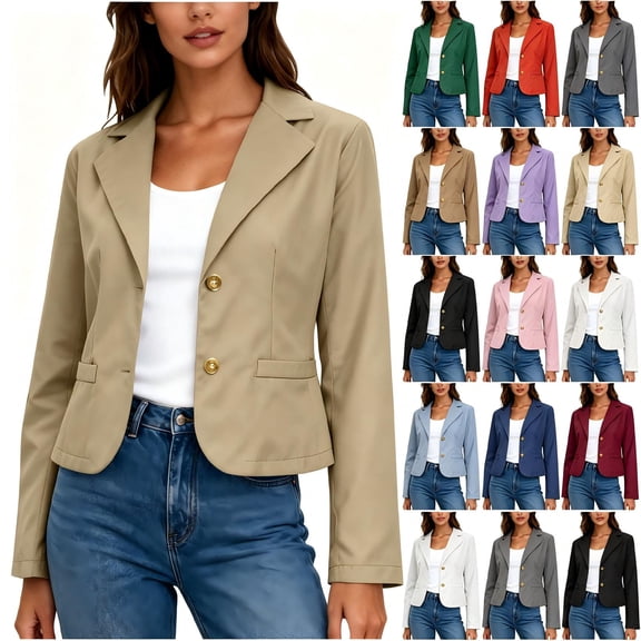 Tqcoqu Women's Lapel Collar 2 Button Cropped Blazer,Long Sleeve Solid Casual Jacket,Office Work Slim Blazer Jacket,Beige Women's S-XXL