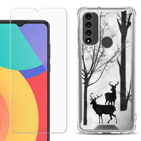 Shockproof Bumper Phone Case for TCL 20 XE, with Tempered Glass Screen Protector, by OneToughShield ® - Forest Deer