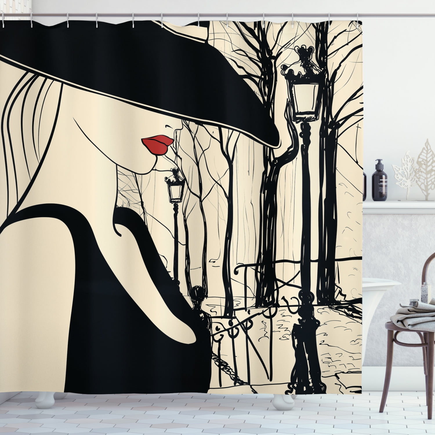 Black and Beige Shower Curtain, Young European Woman with a Hat in