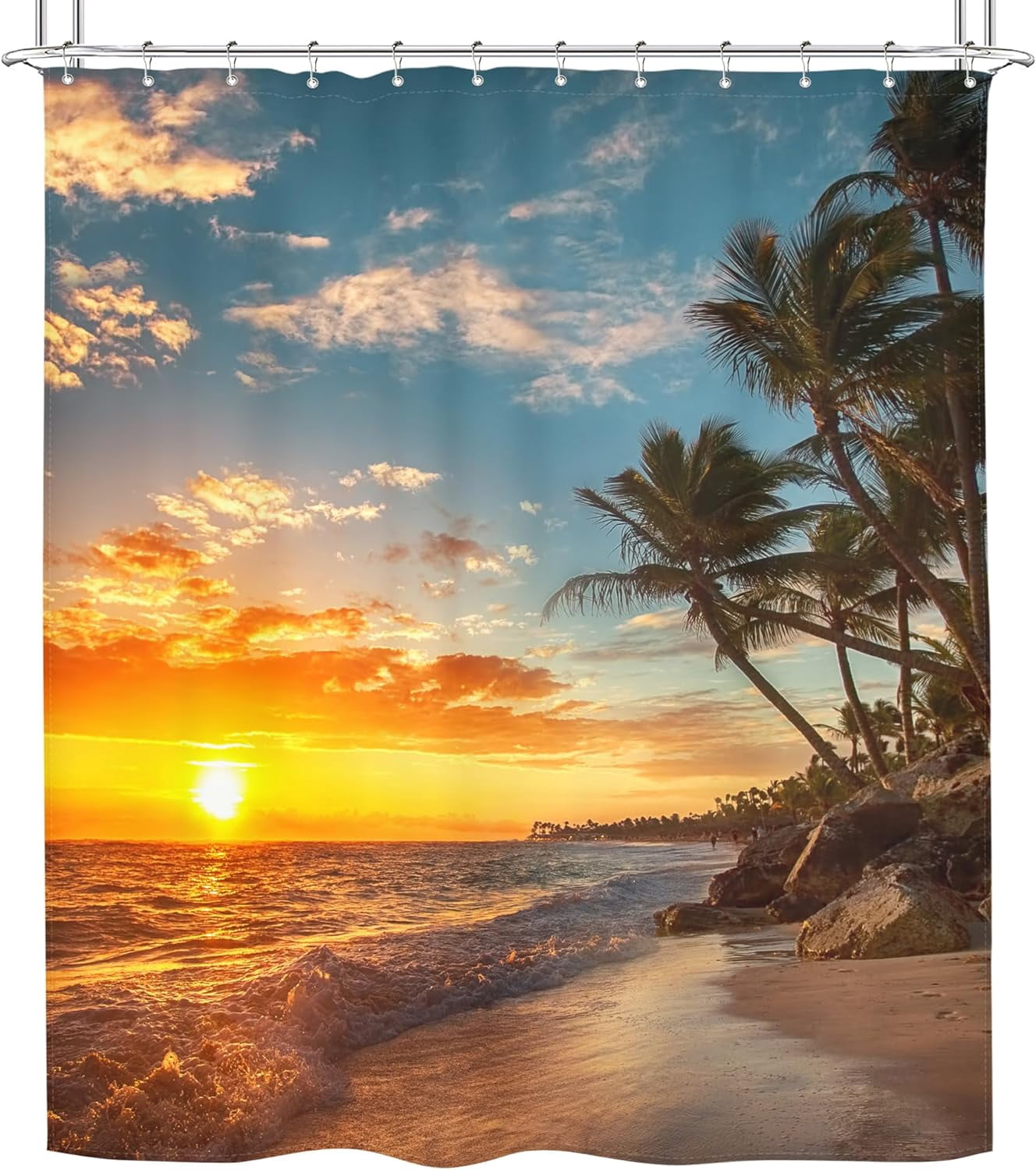 Hawaiian Coastal Beach Shower Curtain Tropical Palm Tree Hawaii Sunset Sunrise Sea Ocean Wave 72Wx72H Inch Seaside Landscape Nature Fabric Decor Bathroom Polyester Waterproof 12 Pack Hooks