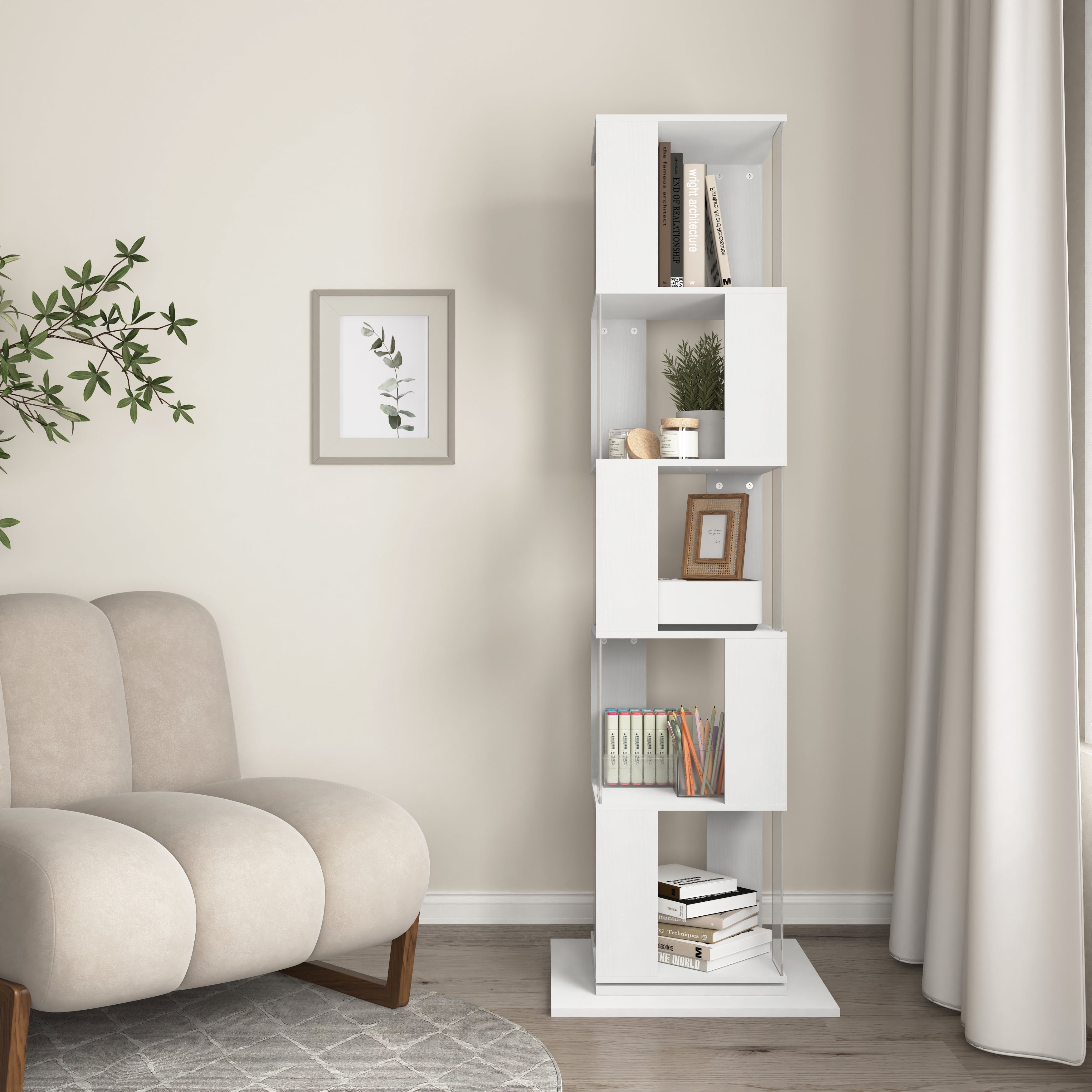 MAYEERTY 5-Tier Rotating Bookshelf, Space-Saving Bookcase with Acrylic Plate & Anti-Tipping Base