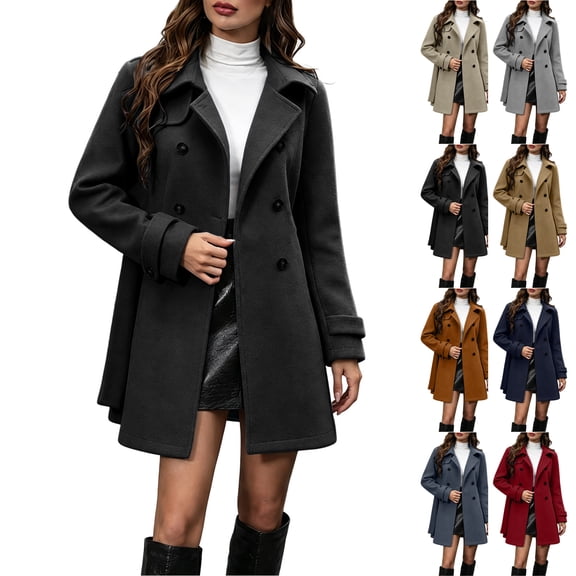 TGSLY Women's Wool Blend Coat Soft Notched Lapel Double Breasted Button Long Sleeve Jacket Casual Solid Color Mid-Length Belt Winter Outerwear L