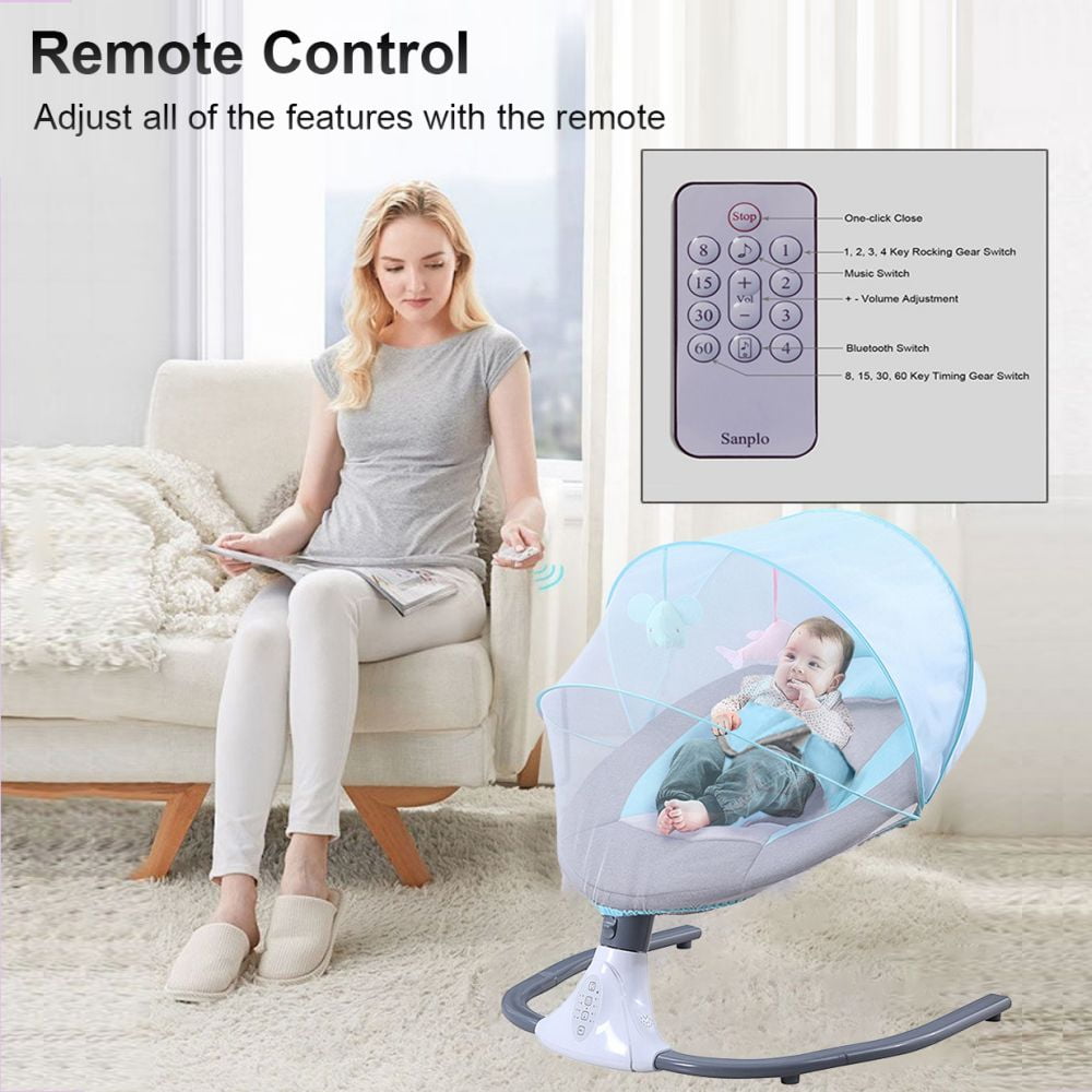 Electric Baby Swing for Infants, Bluetooth Speaker, Remote Control, Blue