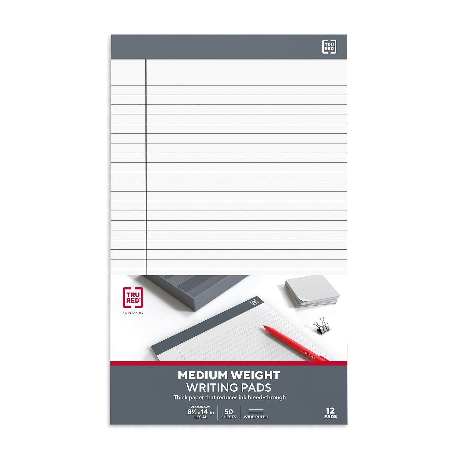 Staples TRU RED Notepads 8.5" x 14" Wide Ruled White 50 Sheets/Pad 12 Pads/Pack TR57372