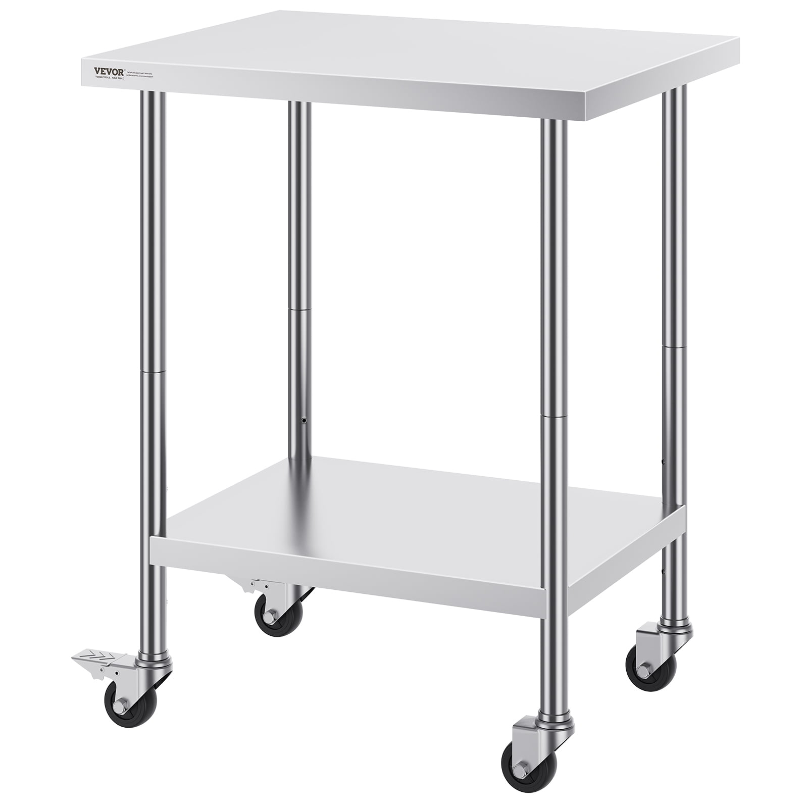 VEVOR Stainless Steel Work Table 24 x 30 x 38 Inch, with 4 Wheels, 3 Adjustable Height Levels, Heavy Duty Food Prep Worktable for Commercial Kitchen Restaurant, Silver