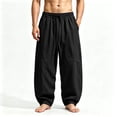 thumbnail image 2 of Men's Baggy Cotton Linen Harem Pants Pleated Barrel Leg Trousers Wide Leg Drawstring Summer Beach Yoga Boho Casual Pants Big & Tall Size M-5XL Black, 2 of 5
