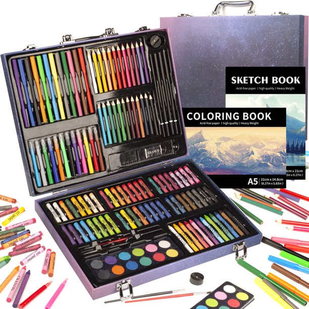 KINSPORY Juego de 150 piezas de arte, kit de pintura de dibujo para colorear, estuche de regalo, juguetes de arte preescolar, adolescentes, niños y niñas (azul)
