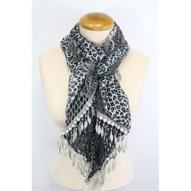 Memories MSF150-6-02 Gray Leopard Print & Lace Ruffle Scarf with Tassel Trim