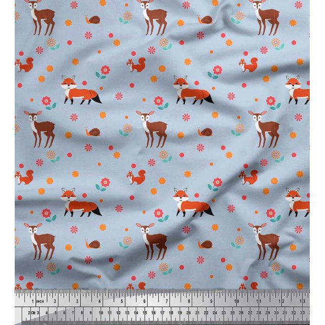 Soimoi Poly Georgette Fabric Floral,Deer & Fox Kids Decor Fabric Printed Yard 42 Inch Wide