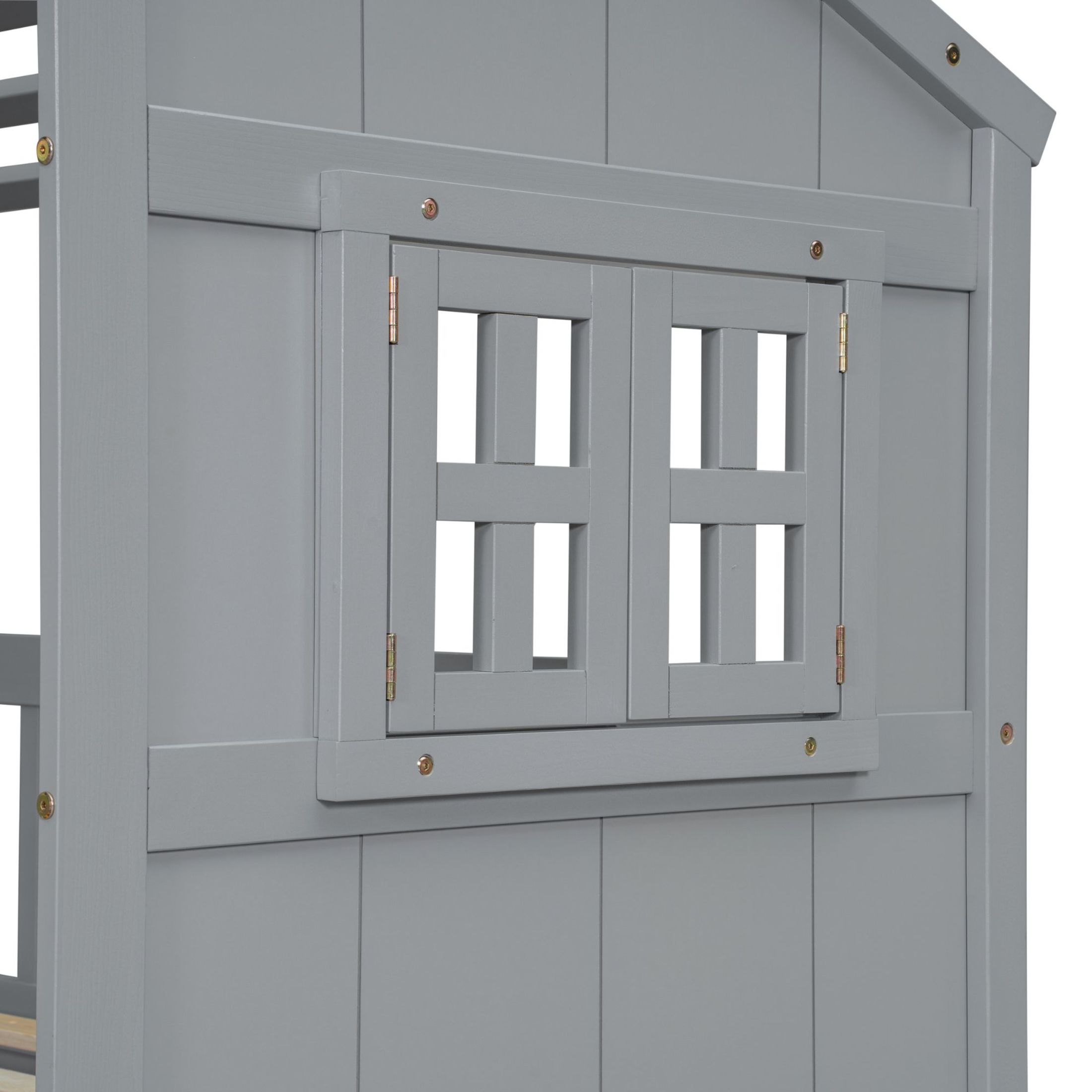 Noble House Full Size House Loft Bed, Pine Wood Frame with Roof, Windows, Ladder, and Storage Drawers, Grey