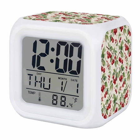 Botanical Cherry Digital Alarm Clock for Bedrooms,Smart LED Alarm Clock with 7 Color Changing Night Light,Vintage Beige Forest Fruits Green Branch Silent Wake Up Clocks for Sleep Study 3.2x3.2