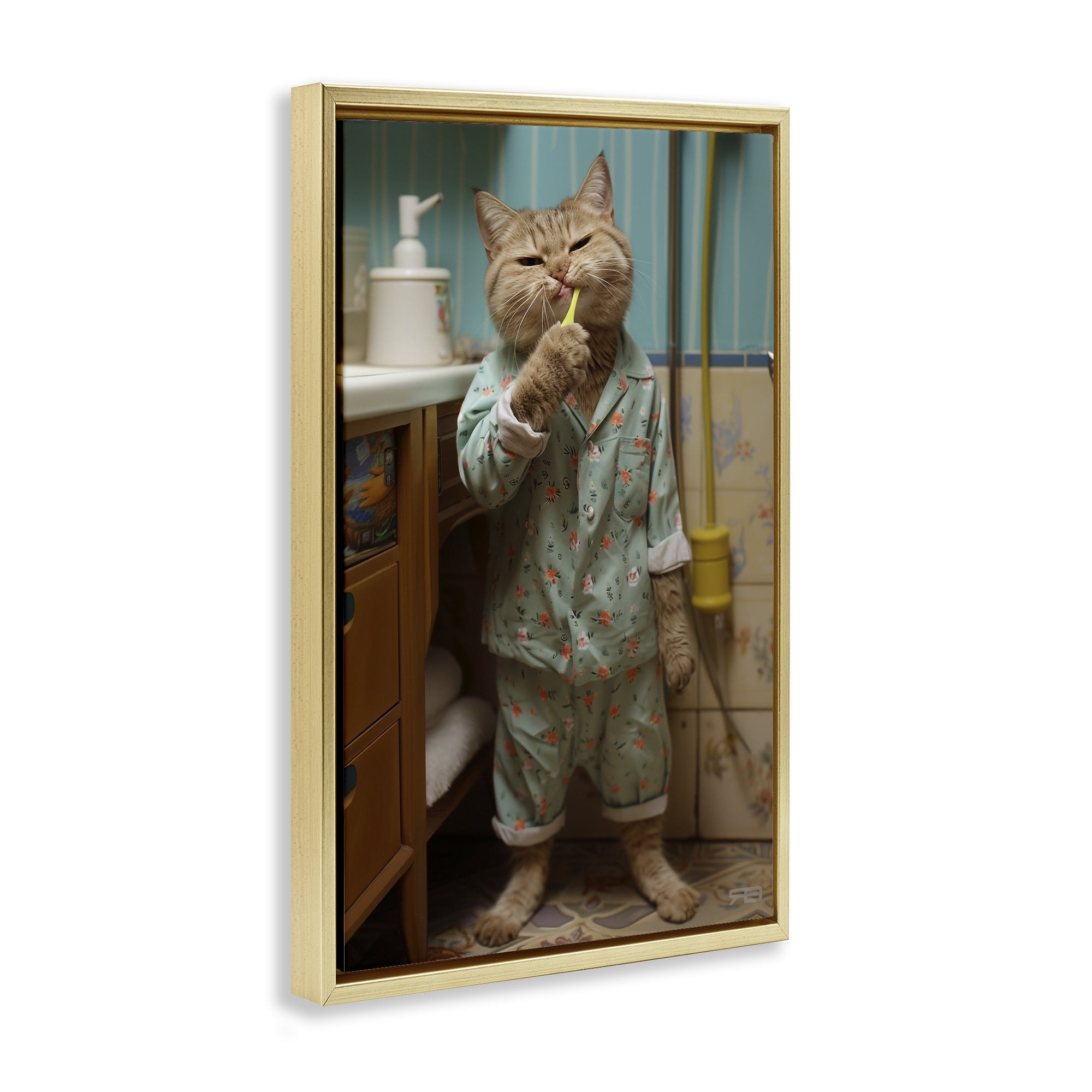 Stupell Industries Cat Brushing Teeth Typography Painting Gold Floater Framed Canvas Art Print Wall Art, 21 x 31