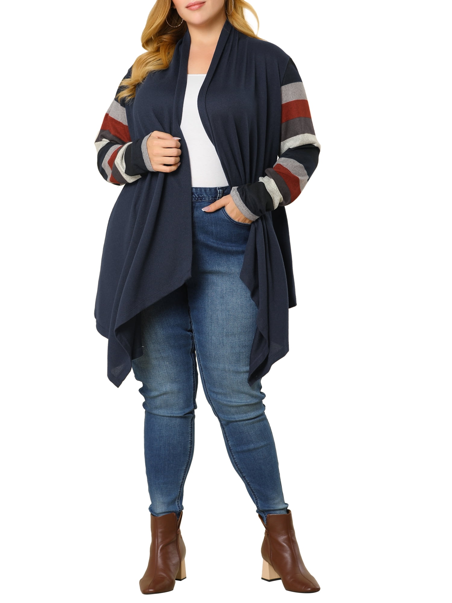 DARING DIVA Plus Size Striped Open Front Knit Cardigan Sweaters Shrugs 2X Navy Blue