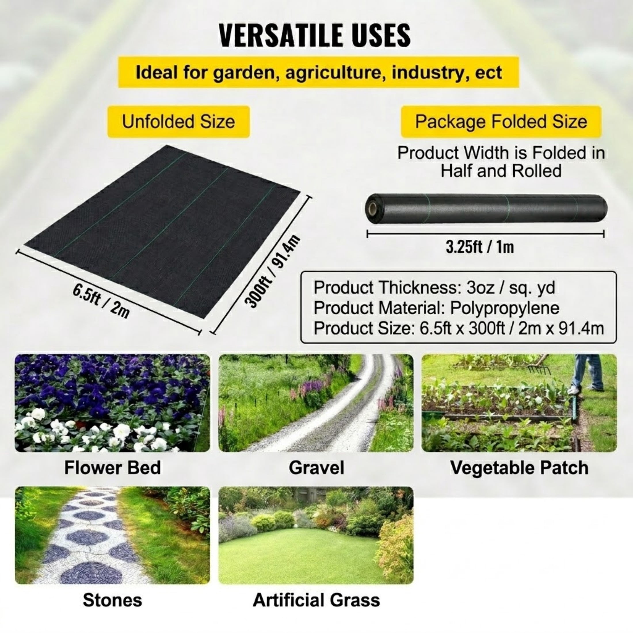 6.5 x 300 ft Weed Barrier Fabric, 3.2 Oz Heavy Duty Woven Geotextile Ground Cover for Flower Beds & Garden